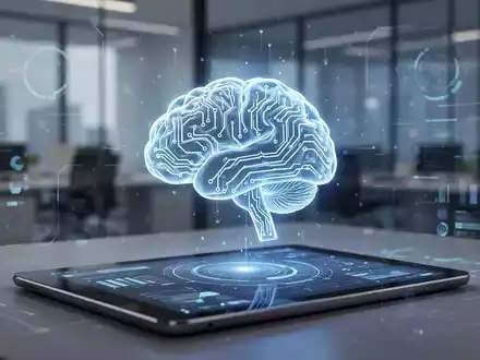A glowing, stylized 3D brain icon with circuit patterns on a digital tablet screen, representing AI and 3D graphics in presentations. - Foto: über boerse-global.de