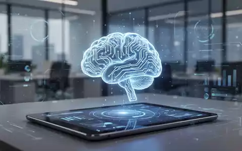 A glowing, stylized 3D brain icon with circuit patterns on a digital tablet screen, representing AI and 3D graphics in presentations. - Foto: über boerse-global.de