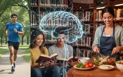 Junge Erwachsene joggen, lesen und kochen, mit abstrakt überlagerten Gehirnnetzwerken, die Demenz-Risikofaktoren symbolisieren. - Foto: über boerse-global.de