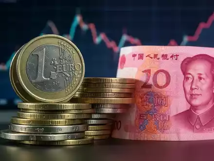 Ein Nahaufnahme von Euro- und Yuan-Münzen, die nebeneinander gestapelt sind, mit einem unscharfen Wirtschaftsgraphen im Hintergrund. - Foto: über boerse-global.de