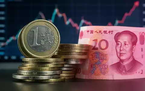 Ein Nahaufnahme von Euro- und Yuan-Münzen, die nebeneinander gestapelt sind, mit einem unscharfen Wirtschaftsgraphen im Hintergrund. - Foto: über boerse-global.de