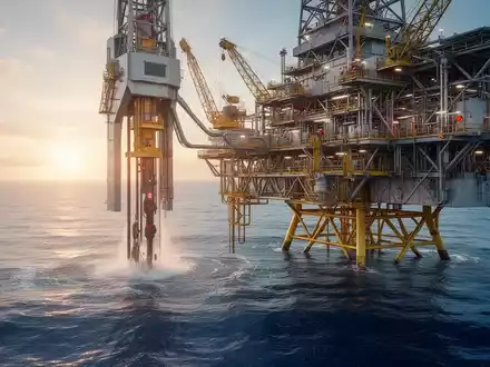 Eine hochmoderne Offshore-Ölbohrplattform bohrt bei Sonnenaufgang in einen ruhigen blauen Ozean. - Foto: über boerse-global.de