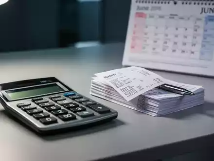Ein Taschenrechner, Belege und ein Stift auf einem Schreibtisch mit einem Kalender, der Juni 2026 zeigt. - Foto: über boerse-global.de