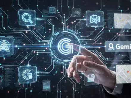 Abstract digital interface with glowing lines connecting various AI and tool icons, representing Google Gemini's new Interactions API. - Foto: über boerse-global.de