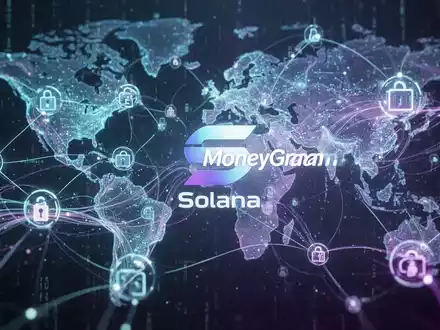 Stylized digital representation of the Solana blockchain network with glowing nodes and data streams, subtly integrated with MoneyGram branding. - Foto: über boerse-global.de