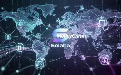 Stylized digital representation of the Solana blockchain network with glowing nodes and data streams, subtly integrated with MoneyGram branding. - Foto: über boerse-global.de