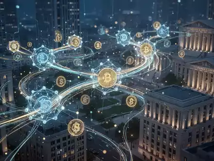 Interconnected digital payment networks with glowing lines connecting abstract blockchain nodes and traditional financial institution buildings. - Foto: über boerse-global.de