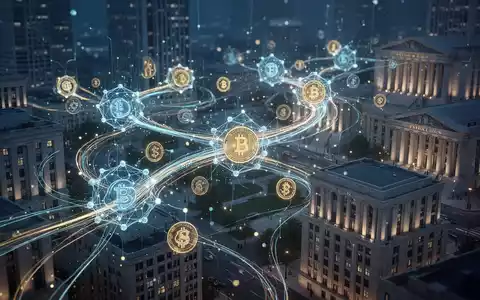 Interconnected digital payment networks with glowing lines connecting abstract blockchain nodes and traditional financial institution buildings. - Foto: über boerse-global.de