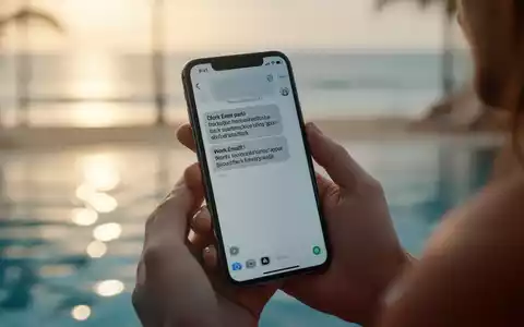 Eine Hand hält ein Smartphone, das eine Arbeits-E-Mail anzeigt, während im verschwommenen Hintergrund eine Urlaubsszene zu sehen ist. - Foto: über boerse-global.de