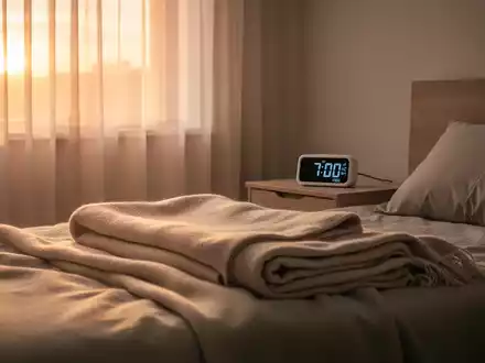 Ein friedliches Schlafzimmer bei Sonnenaufgang, mit einer Digitaluhr, die 7:00 Uhr anzeigt, und weichem Licht durch Vorhänge. - Foto: über boerse-global.de
