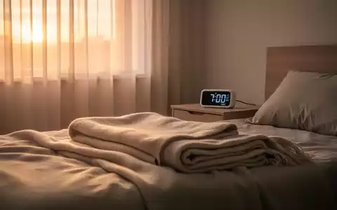 Ein friedliches Schlafzimmer bei Sonnenaufgang, mit einer Digitaluhr, die 7:00 Uhr anzeigt, und weichem Licht durch Vorhänge. - Foto: über boerse-global.de