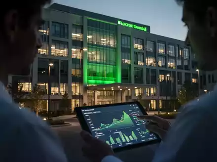 Eine moderne Krankenhausfassade bei Dämmerung mit einem grünen Schein, während eine Person Finanzdiagramme auf einem Tablet betrachtet. - Foto: über boerse-global.de