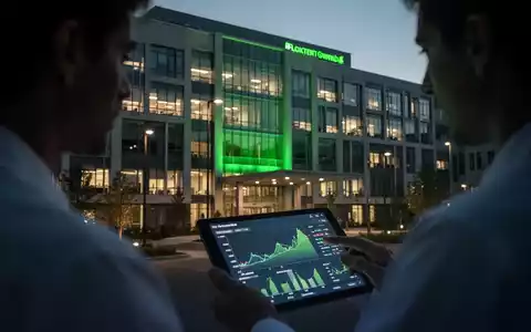 Eine moderne Krankenhausfassade bei Dämmerung mit einem grünen Schein, während eine Person Finanzdiagramme auf einem Tablet betrachtet. - Foto: über boerse-global.de