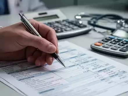 Nahaufnahme einer Hand, die einen Stift über einem medizinischen Abrechnungsformular hält, mit Taschenrechner und Stethoskop im Hintergrund. - Foto: über boerse-global.de