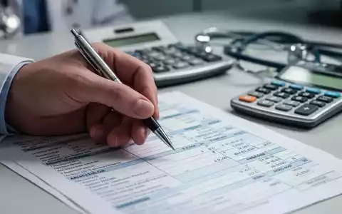 Nahaufnahme einer Hand, die einen Stift über einem medizinischen Abrechnungsformular hält, mit Taschenrechner und Stethoskop im Hintergrund. - Foto: über boerse-global.de