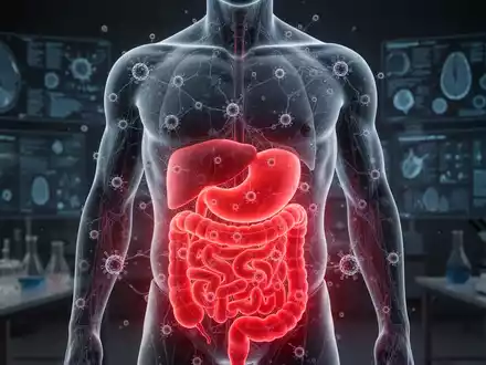 Ein stilisierter menschlicher Torso mit leuchtend rotem Bauchfett und überlagerten Krebszellen vor dunklem, wissenschaftlichem Hintergrund. - Foto: über boerse-global.de