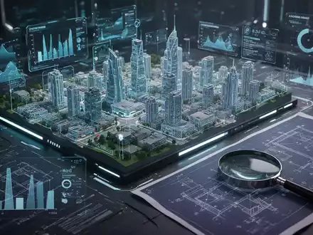 Digitale Stadtplanungsschnittstelle mit Daten-Overlays einer Stadt, daneben ein Bauplan und eine Lupe. Fokus auf Datenschutz und Datenerhebung. - Foto: über boerse-global.de