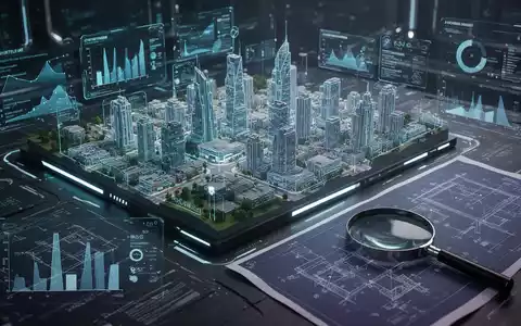 Digitale Stadtplanungsschnittstelle mit Daten-Overlays einer Stadt, daneben ein Bauplan und eine Lupe. Fokus auf Datenschutz und Datenerhebung. - Foto: über boerse-global.de