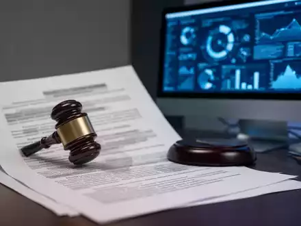 Ein juristisches Dokument mit einem Richterhammer und einem Computerbildschirm, der Datendiagramme anzeigt, symbolisiert Datenschutzgesetze und Marketingvorschriften. - Foto: über boerse-global.de