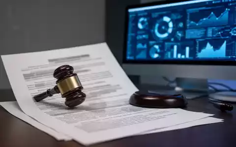 Ein juristisches Dokument mit einem Richterhammer und einem Computerbildschirm, der Datendiagramme anzeigt, symbolisiert Datenschutzgesetze und Marketingvorschriften. - Foto: über boerse-global.de