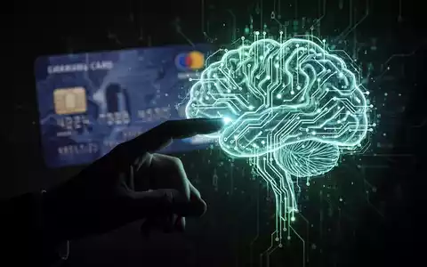 Eine Hand greift nach einem leuchtenden, abstrakten digitalen Gehirn, im Hintergrund eine verschwommene Kreditkarte, die KI-Betrug darstellt. - Foto: über boerse-global.de