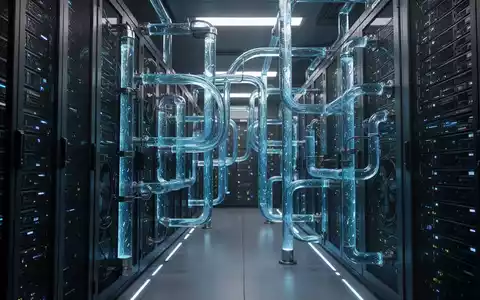 A futuristic server room featuring glowing blue liquid cooling tubes intertwined with sleek, dark server racks, emphasizing green AI supercomputing. - Foto: über boerse-global.de