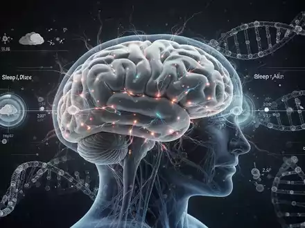 Ein stilisiertes Gehirn mit leuchtenden Nervenbahnen, überlagert mit Schlafphasen und DNA-Helices, symbolisiert Genetik und Schlaf. - Foto: über boerse-global.de