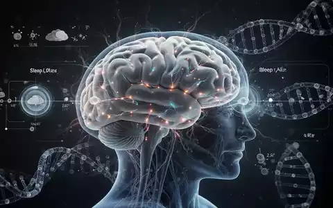 Ein stilisiertes Gehirn mit leuchtenden Nervenbahnen, überlagert mit Schlafphasen und DNA-Helices, symbolisiert Genetik und Schlaf. - Foto: über boerse-global.de