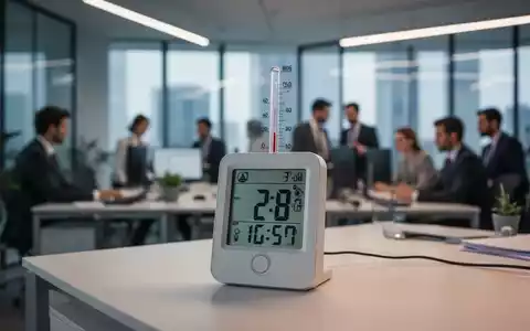 Ein digitales Thermometer in einem modernen Büro zeigt hohe Temperaturen an, im Hintergrund verschwimmen Büroangestellte. - Foto: über boerse-global.de
