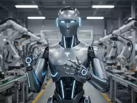 A sleek, advanced humanoid robot, resembling Tesla Optimus, stands in a high-tech factory with assembly lines in the background. - Foto: über boerse-global.de
