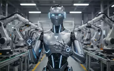A sleek, advanced humanoid robot, resembling Tesla Optimus, stands in a high-tech factory with assembly lines in the background. - Foto: über boerse-global.de