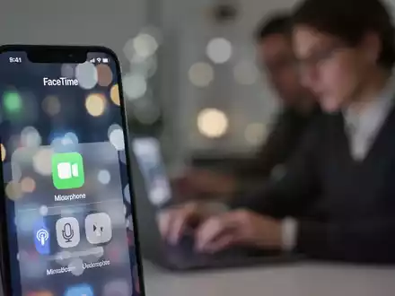 iPhone screen showing FaceTime call and microphone settings, with a blurred background of a person on a laptop. - Foto: über boerse-global.de