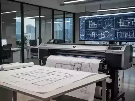 A large-format HP DesignJet printer in an office, with blueprints on a desk and digital designs on a monitor. - Foto: über boerse-global.de