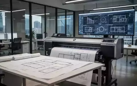 A large-format HP DesignJet printer in an office, with blueprints on a desk and digital designs on a monitor. - Foto: über boerse-global.de