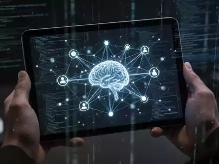 A tablet screen displaying a glowing, intricate neural network or knowledge graph, held by hands in a dark, high-tech setting. - Foto: über boerse-global.de
