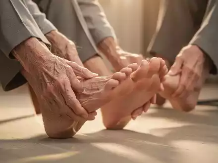 Nahaufnahme der Füße einer älteren Person, die leichte Dehnübungen macht, um die Fußgesundheit und Beweglichkeit zu fördern. - Foto: über boerse-global.de