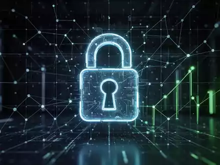Ein futuristisches, leuchtendes Vorhängeschloss auf einem digitalen Netzwerkraster, das Cybersicherheit und Wachstum symbolisiert. - Foto: über boerse-global.de