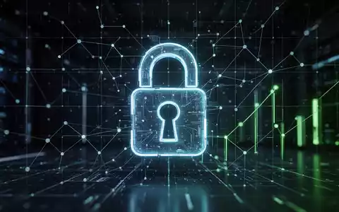 Ein futuristisches, leuchtendes Vorhängeschloss auf einem digitalen Netzwerkraster, das Cybersicherheit und Wachstum symbolisiert. - Foto: über boerse-global.de