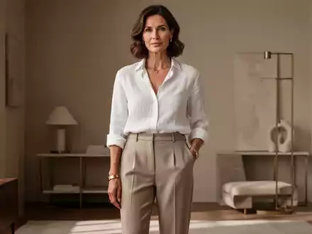 Eine stilvolle Frau über 30 in einer minimalistischen Garderobe, die Vielseitigkeit und Eleganz durch hochwertige Kleidung betont. - Foto: über boerse-global.de