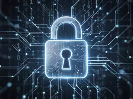 Ein stilisiertes, digital leuchtendes Vorhängeschloss-Symbol über einem Hintergrund aus verschwommenen Netzwerklinien und Binärcode. - Foto: über boerse-global.de
