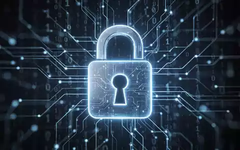 Ein stilisiertes, digital leuchtendes Vorhängeschloss-Symbol über einem Hintergrund aus verschwommenen Netzwerklinien und Binärcode. - Foto: über boerse-global.de