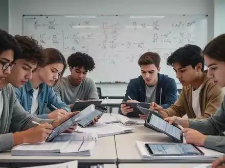 Junge Studenten lernen Buchhaltung in einem modernen Klassenzimmer, mit Tablets und Whiteboards im Hintergrund. - Foto: über boerse-global.de
