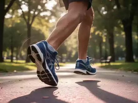 Eine Person in Sportschuhen beim Gehen auf einem Parkweg, mit verschwommenem Hintergrund aus Bäumen und Sonnenlicht, das durch die Blätter fällt. - Foto: über boerse-global.de