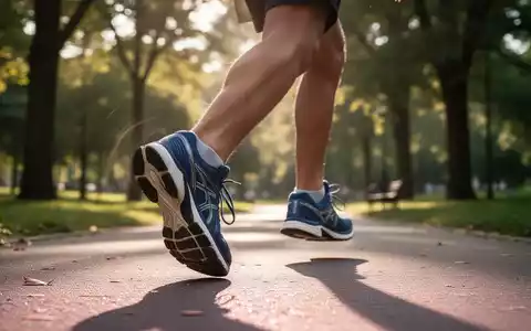 Eine Person in Sportschuhen beim Gehen auf einem Parkweg, mit verschwommenem Hintergrund aus Bäumen und Sonnenlicht, das durch die Blätter fällt. - Foto: über boerse-global.de