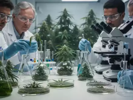 Nahaufnahme von wissenschaftlicher Laborausrüstung, Reagenzgläsern und Pflanzenproben, die die Forschung zu medizinischem Cannabis darstellen. - Foto: über boerse-global.de