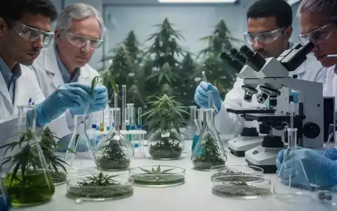 Nahaufnahme von wissenschaftlicher Laborausrüstung, Reagenzgläsern und Pflanzenproben, die die Forschung zu medizinischem Cannabis darstellen. - Foto: über boerse-global.de
