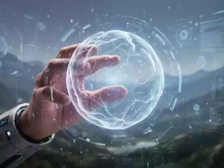 A human hand interacting with a glowing 3D orb interface in a futuristic, immersive digital environment, symbolizing AI and spatial computing. - Foto: über boerse-global.de