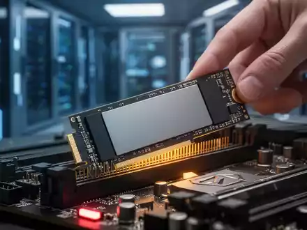 A modern NVMe SSD being installed into a desktop computer motherboard, highlighting the drive's connectors and the motherboard's intricate details. - Foto: über boerse-global.de