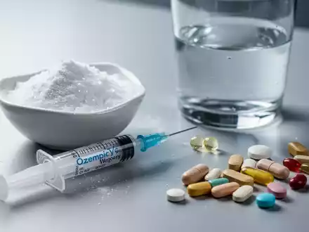 Eine Spritze für Medikamente, Gelatinepulver in einer Schale und Wasserglas, umgeben von Nahrungsergänzungsmitteln. - Foto: über boerse-global.de