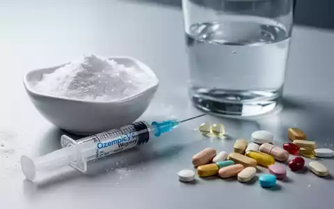 Eine Spritze für Medikamente, Gelatinepulver in einer Schale und Wasserglas, umgeben von Nahrungsergänzungsmitteln. - Foto: über boerse-global.de